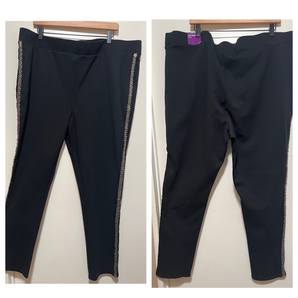 WOMAN'S LANE BRYANT BLACK SIDE EMBELLISHED STRIPE LEGGINGS SIZE 24 NWT.
